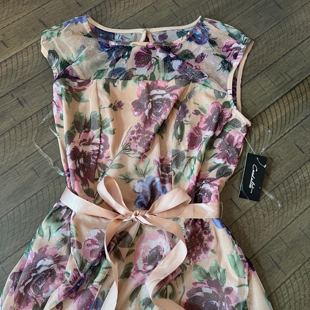 NWT Candalite Wedding Guest Floral Maxi Dress Mesh top Pink Ribbon tie Sz S - Picture 6 of 11